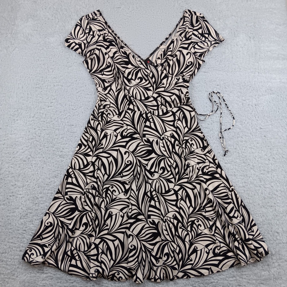 Scarlett Faux Wrap Dress Women 14 Black Cream Abstract Swirl Cap Sleeve RN 62996